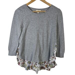 LOFT Women's‎ Grey Floral Trim Sweater 3/4 Sleeve Crew Neck Size S